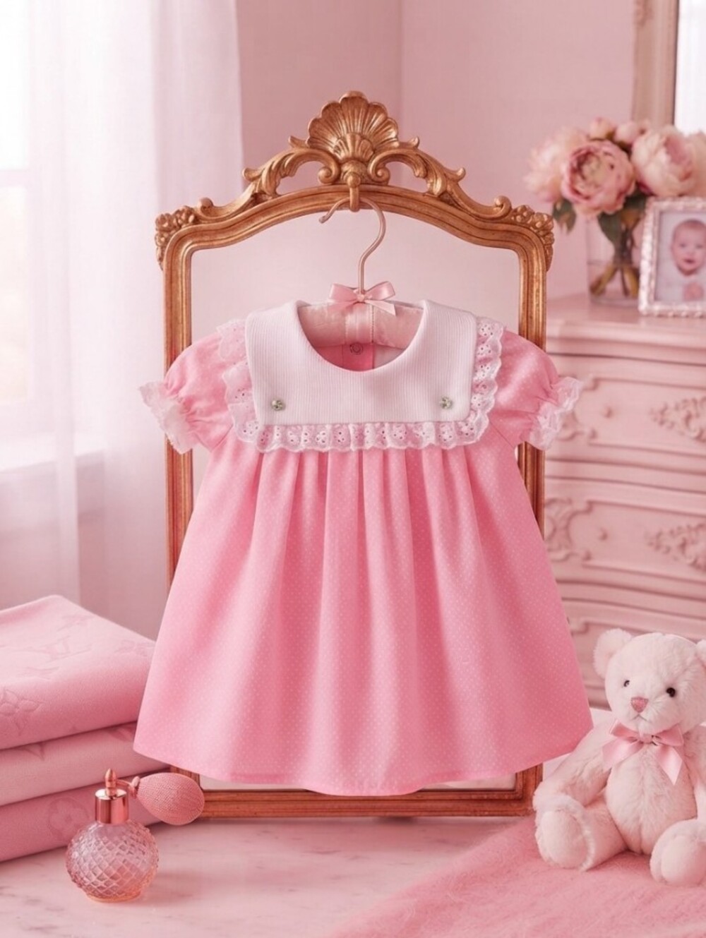 5/$100 Vintage Pink Baby Dress with White Lace Bib 🩷